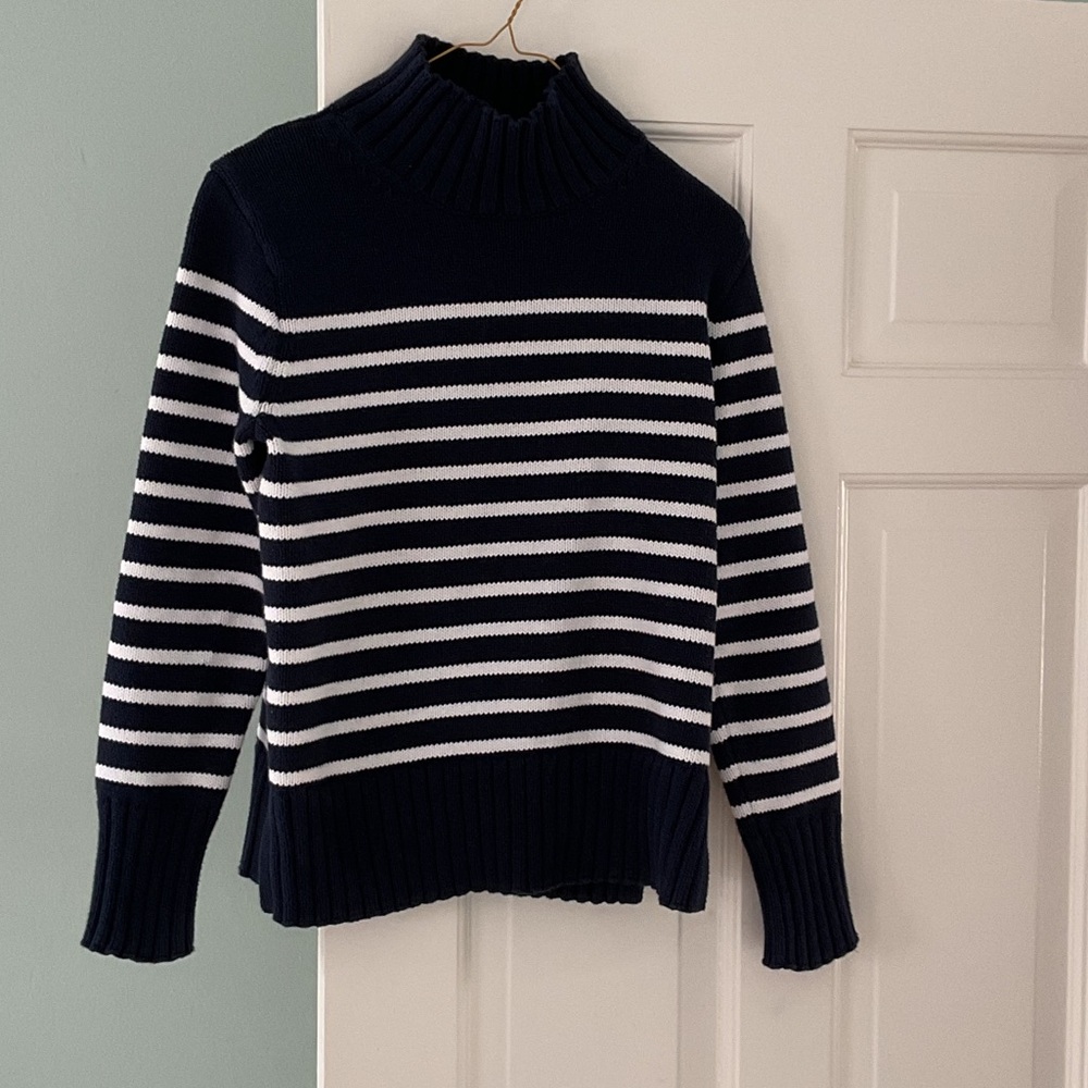 J. Crew Navy and White Striped Ribbed Turtleneck Sweater